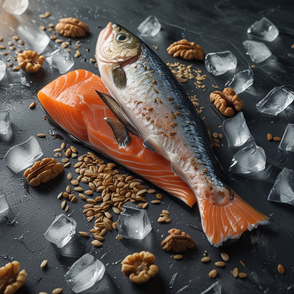 Fresh whole fish including salmon and sardines on crushed ice with scattered flaxseeds and walnuts on a dark stone surface, cinematic lighting highlighting the natural textures and rich colours
