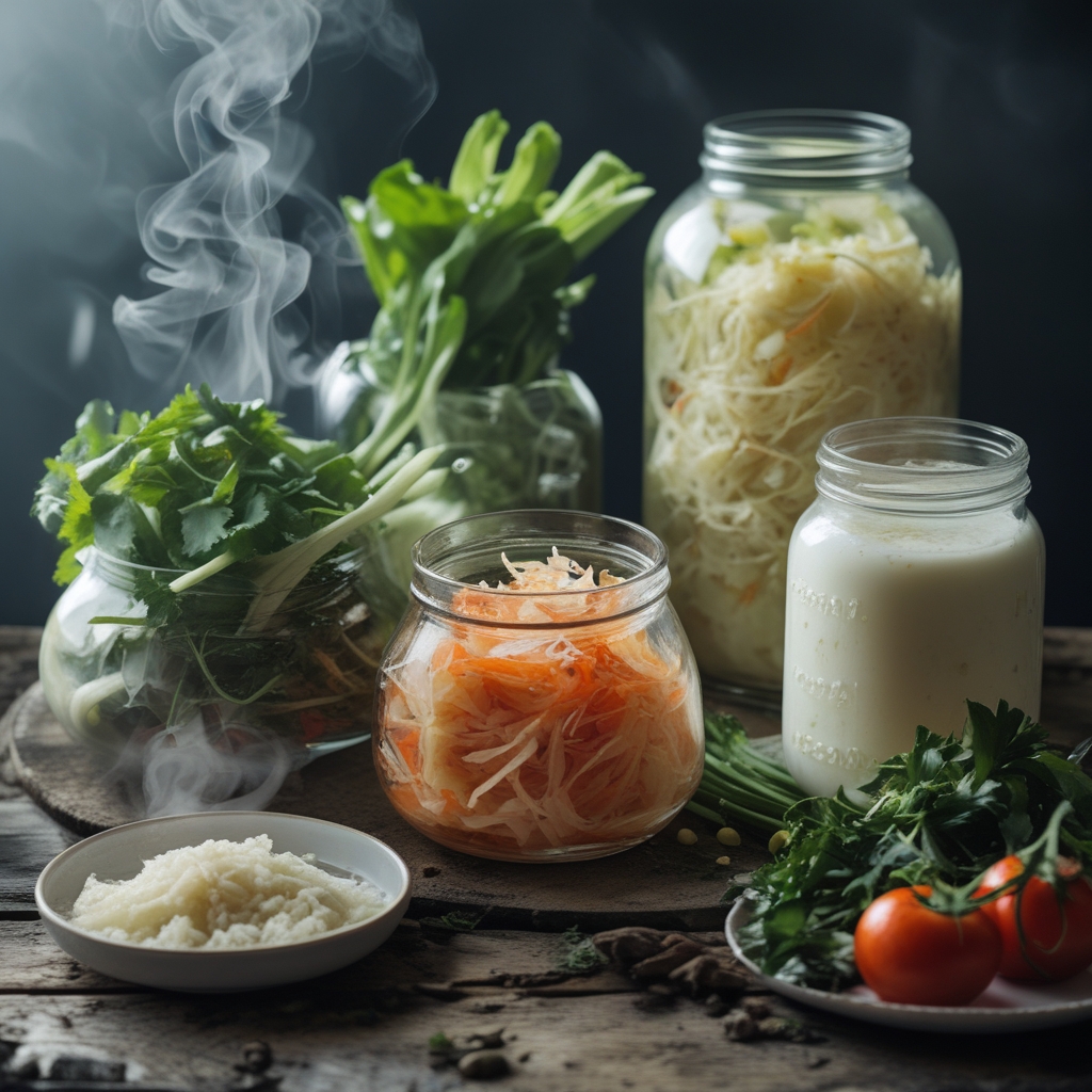 Fermented foods in glass jars including sauerkraut and kefir with fresh vegetables on a rustic wooden table, soft morning light illuminating the natural colours and textures of the fermented ingredients