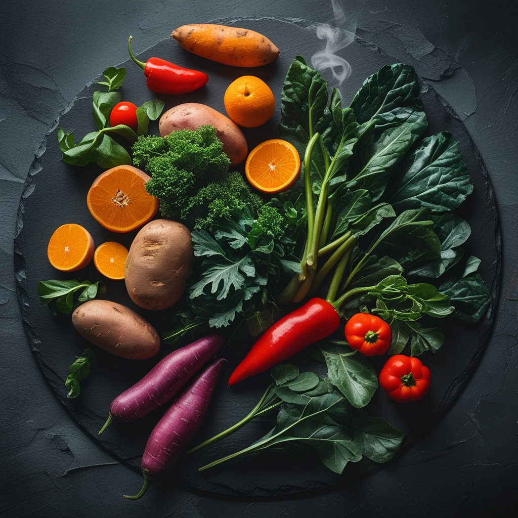 Assorted vibrant coloured whole vegetables and fruits arranged on a dark slate surface including orange sweet potatoes, red peppers, and dark leafy greens with dramatic chiaroscuro lighting