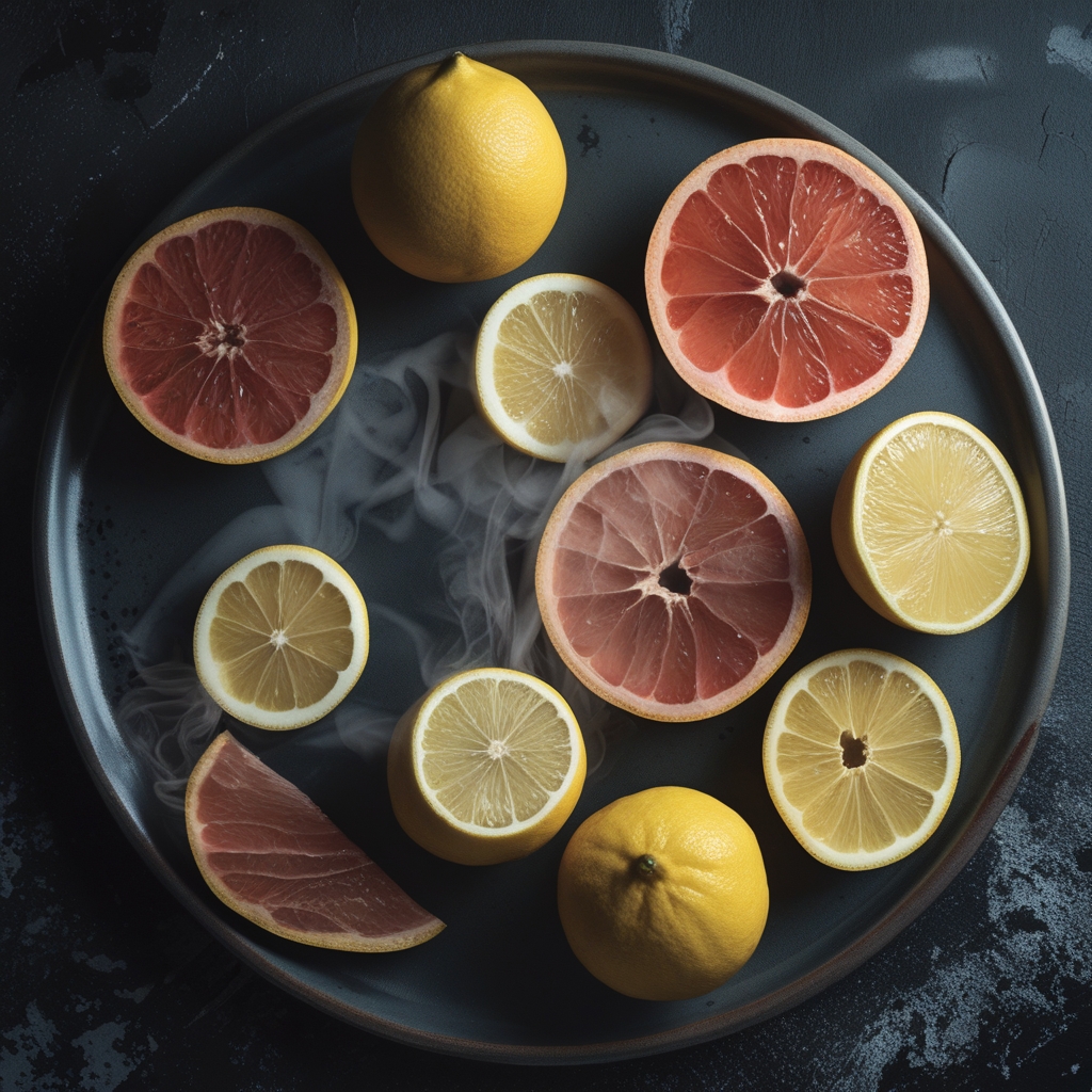 Cross-sections of various citrus fruits including grapefruit and lemon arranged in a flat lay on a dark ceramic surface with dramatic directional lighting
