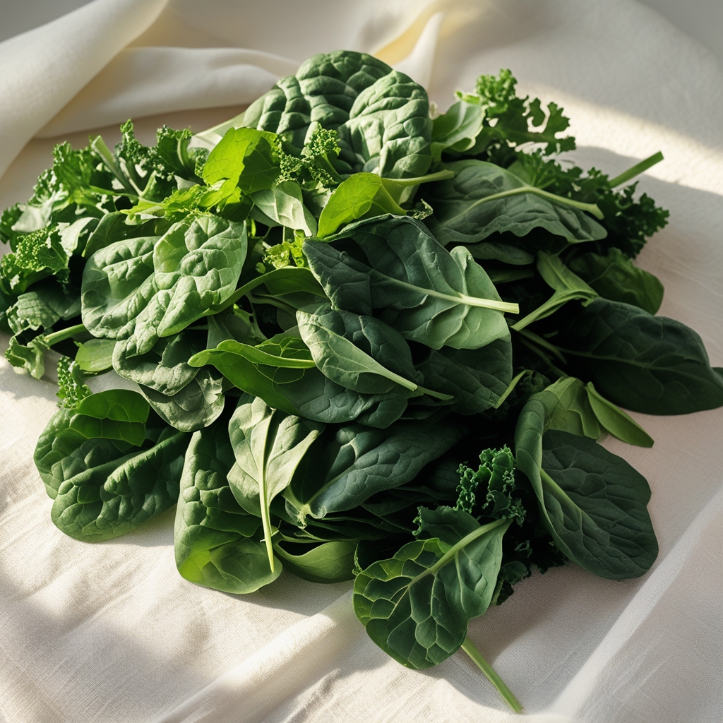 Fresh dark leafy greens including spinach and kale arranged loosely on a white linen surface in bright diffused daylight, showcasing rich textures